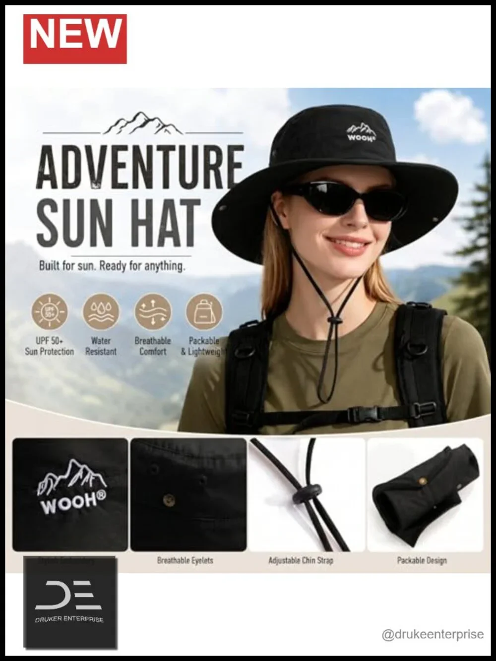 UPF80+ Wide Brim Foldable Bucket Hat with Adjustable Chin Strap